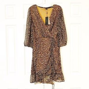 NWT! Vero Moda Tigers Eye Animal Print Leopard Faux Wrap Long Sleeve Dress Large